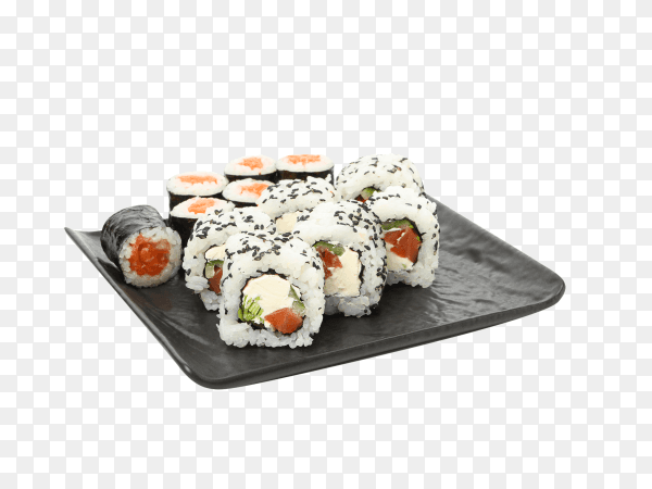 Tray with delicious sushi rolls isolated on transparent background PNG