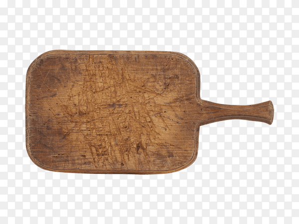 Very old brown rectangular wooden kitchen cutting board with handle on transparent background PNG