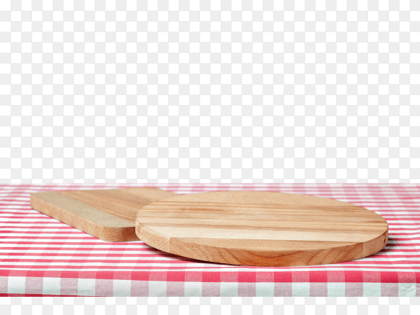Wood cutting board on tablecloth on transparent background PNG
