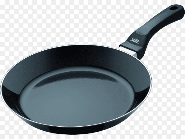 Black aluminum non-Stick frypan with black handle on transparent background PNG