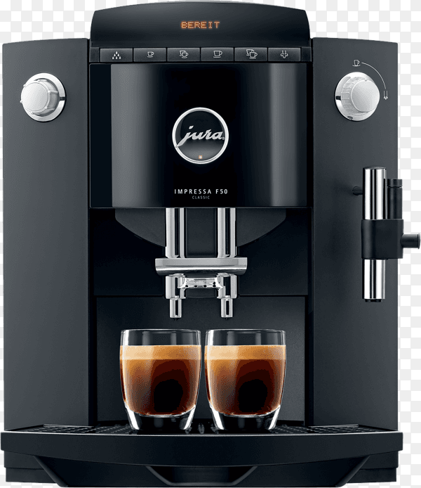 Black coffee machine filling two cups at a time on transparent background PNG