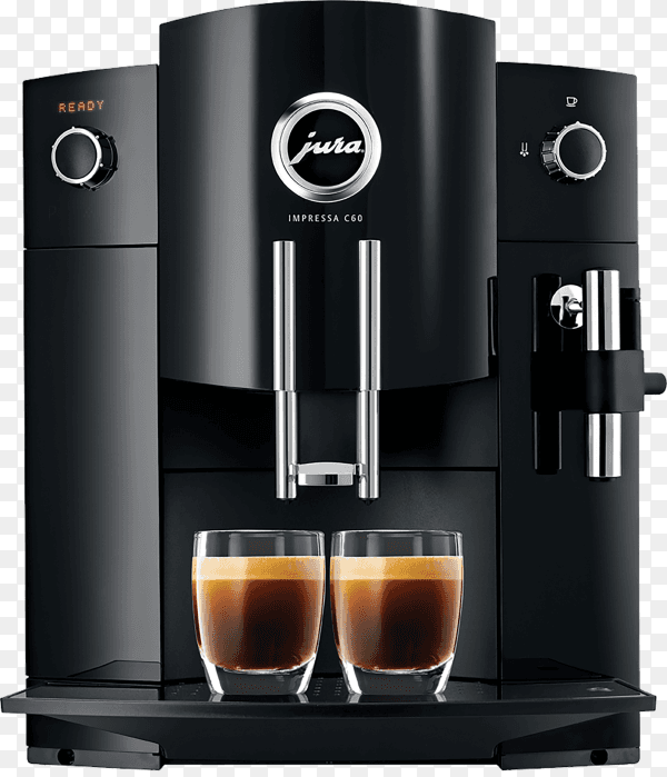 Coffee machine filling two cups at a time on transparent background PNG