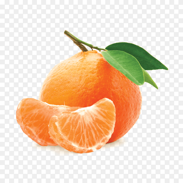 Mandarins or clementines with green leaf on transparent background PNG