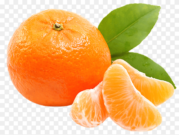 Ripe mandarin with leaves close-up . Tangerine orange with leaves on transparent background PNG