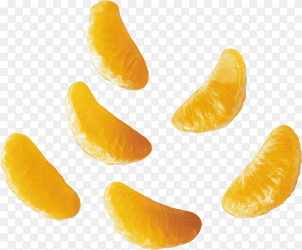 Set of six peeled tangerine slices without membrane on transparent background PNG