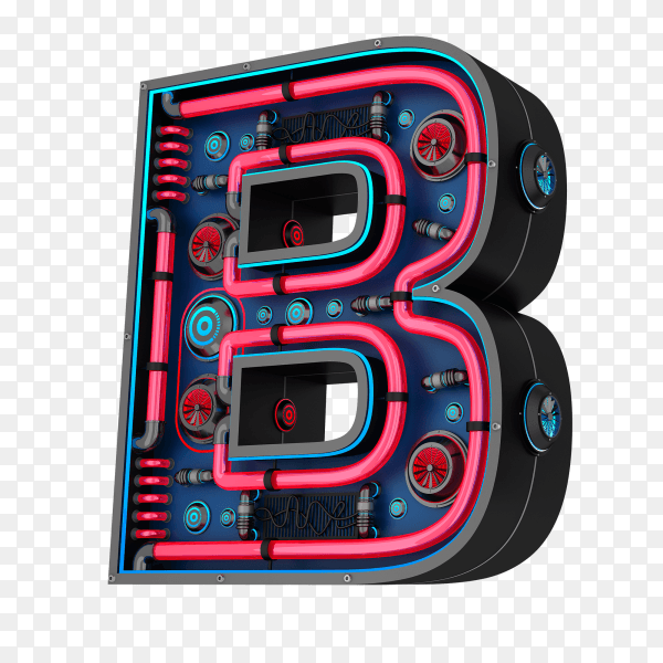 Letter B futuristic red neon led digital font 3d rendering isolated on transparent background PNG