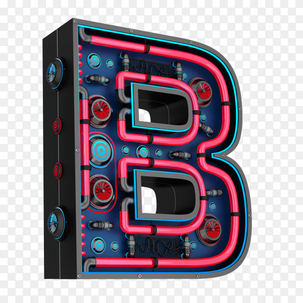Letter B futuristic red neon led digital font 3d rendering on transparent background PNG