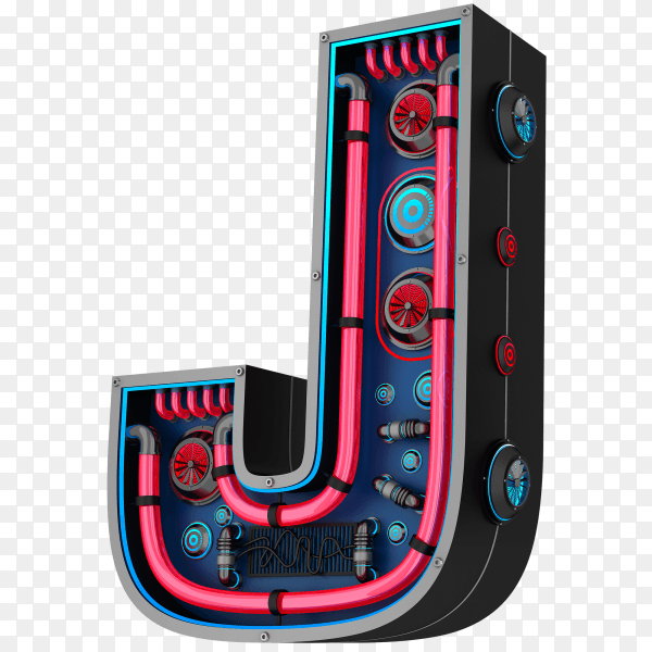 Letter J futuristic red neon led digital font 3d rendering isolated on transparent background PNG