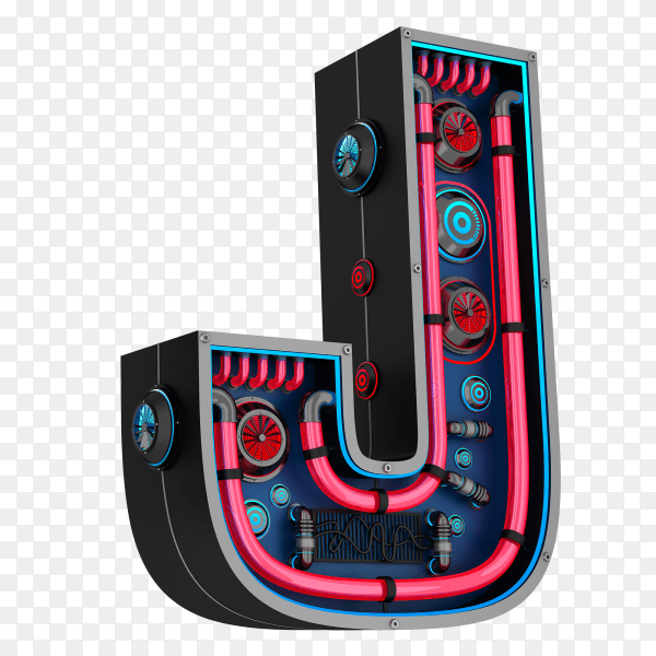 Letter J futuristic red neon led digital font 3d rendering on transparent background PNG