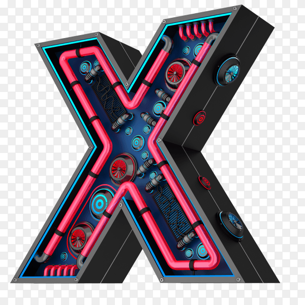 Letter X futuristic red neon led digital font 3d rendering isolated on transparent background PNG