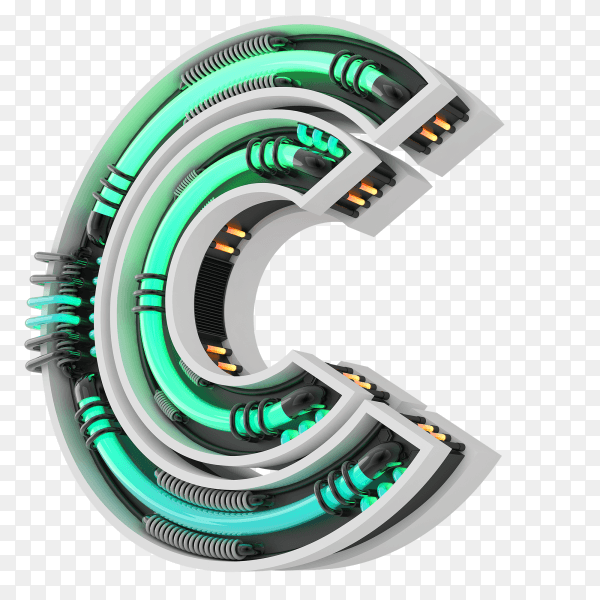 Neon style light letter a glowing neon capital letter C 3d rendering on transparent PNG