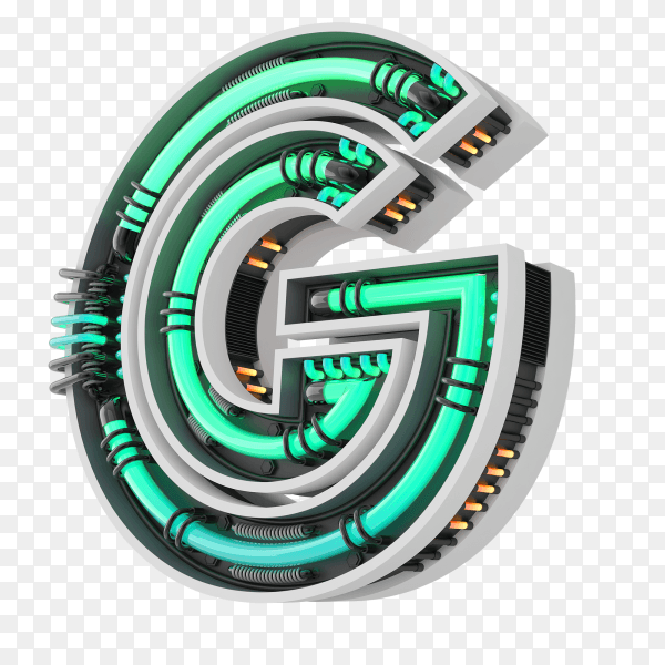 Neon style light letter a glowing neon capital letter G 3d rendering on transparent PNG