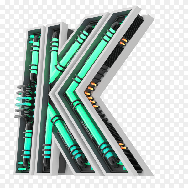 Neon style light letter a glowing neon capital letter K 3d rendering on transparent PNG