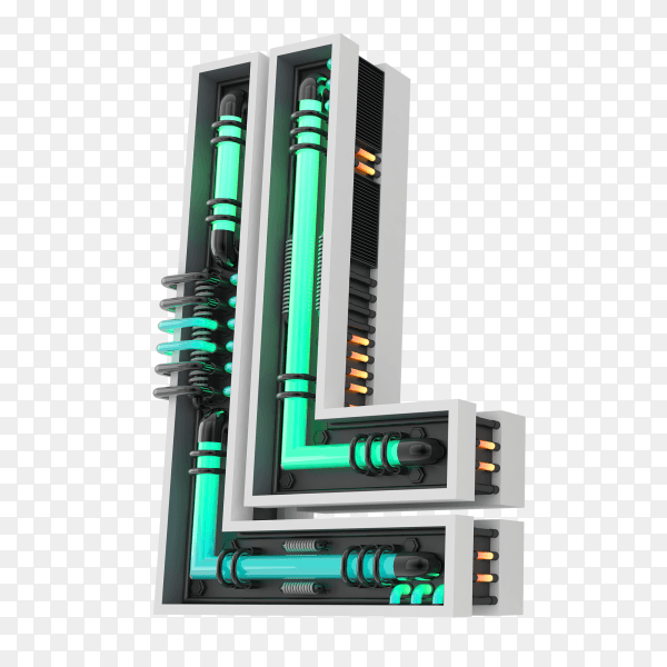 Neon style light letter a glowing neon capital letter L 3d rendering on transparent PNG