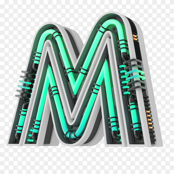 Neon style light letter a glowing neon capital letter M 3d rendering on transparent PNG