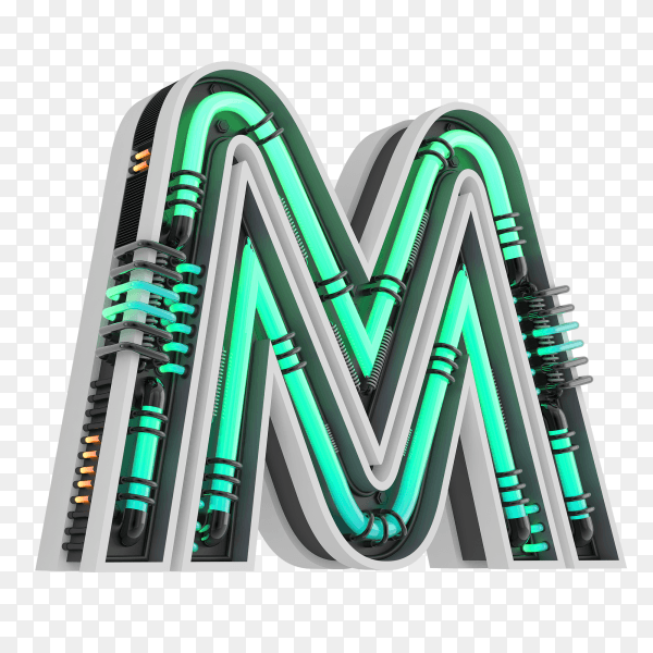 Neon style light letter a glowing neon capital letter M 3d rendering on transparent background PNG