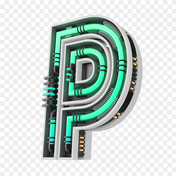 Neon style light letter a glowing neon capital letter P 3d rendering on transparent PNG