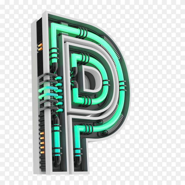 Neon style light letter a glowing neon capital letter P 3d rendering on transparent background PNG
