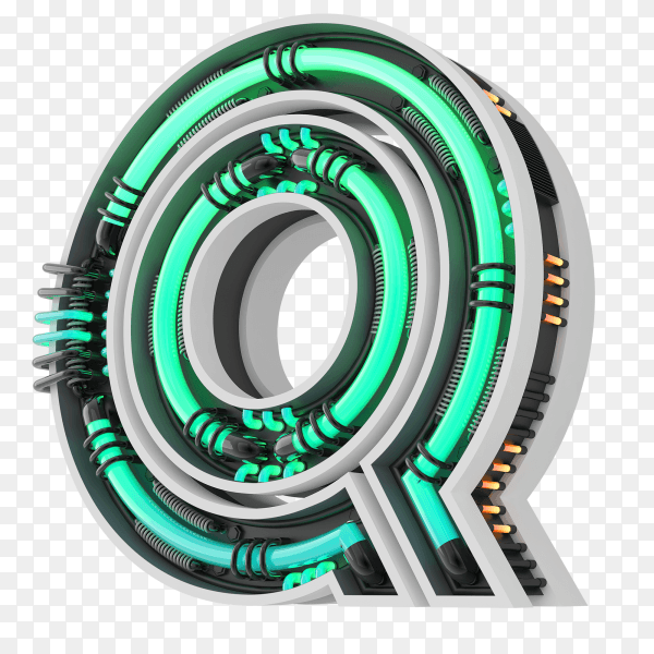 Neon style light letter a glowing neon capital letter Q 3d rendering on transparent PNG