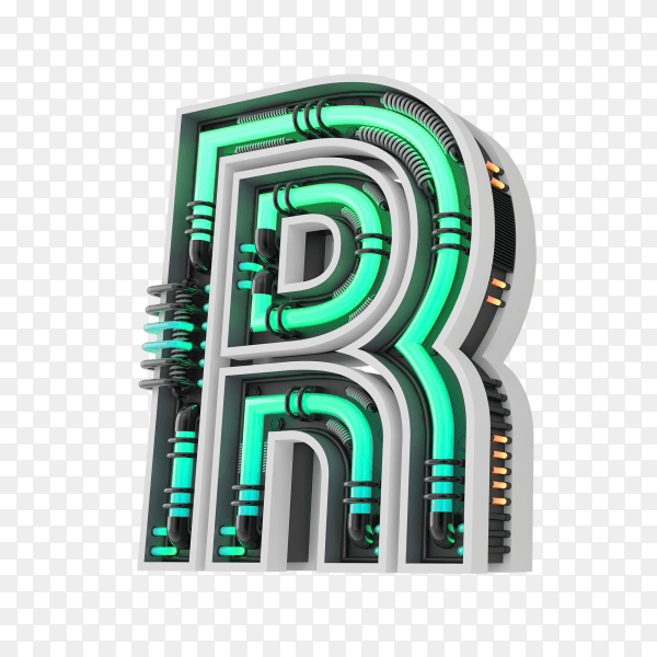 Neon style light letter a glowing neon capital letter R 3d rendering on transparent PNG