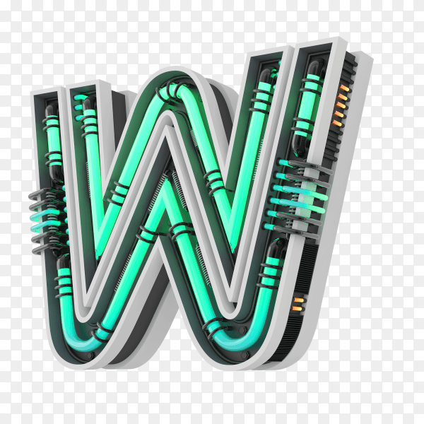 Neon style light letter a glowing neon capital letter W 3d rendering on transparent PNG