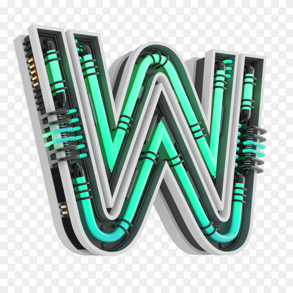 Neon style light letter a glowing neon capital letter W 3d rendering on transparent background PNG