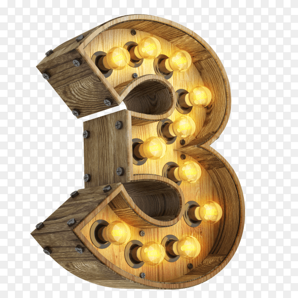 Number 3 3d render wood with realistic lights on transparent background PNG