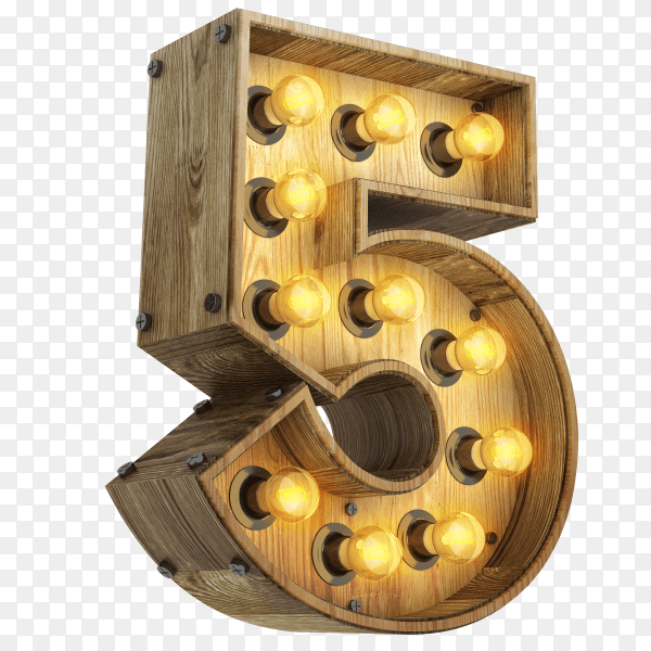 Number 5 3d render wood with realistic lights on transparent background PNG