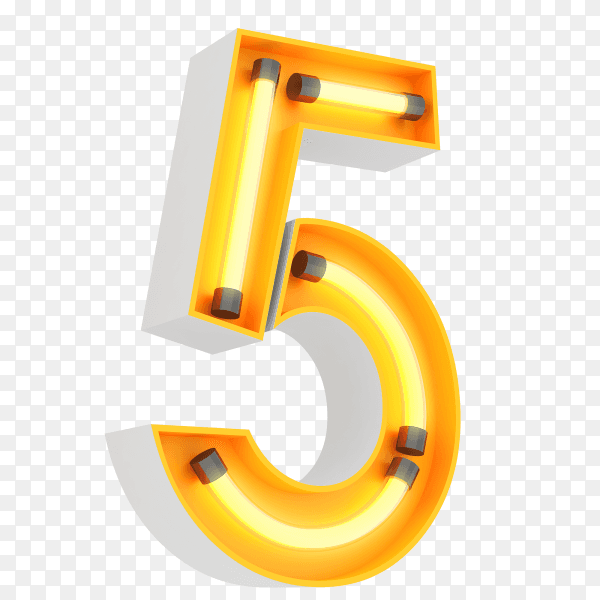 Number 5 made from neon light on transparent background PNG