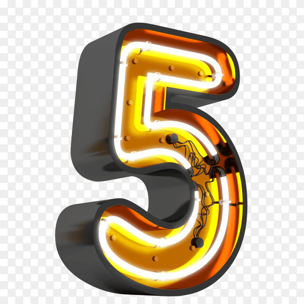 Number 5 neon light on transparent background PNG