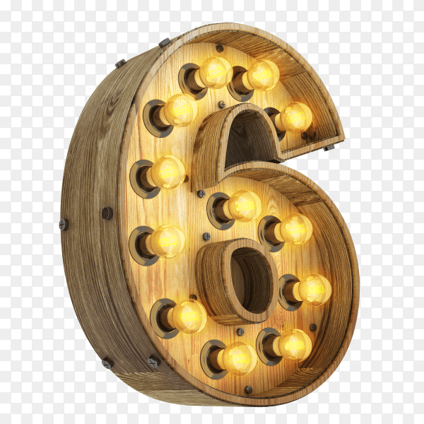 Number 6 3d render wood with realistic lights on transparent bacground PNG
