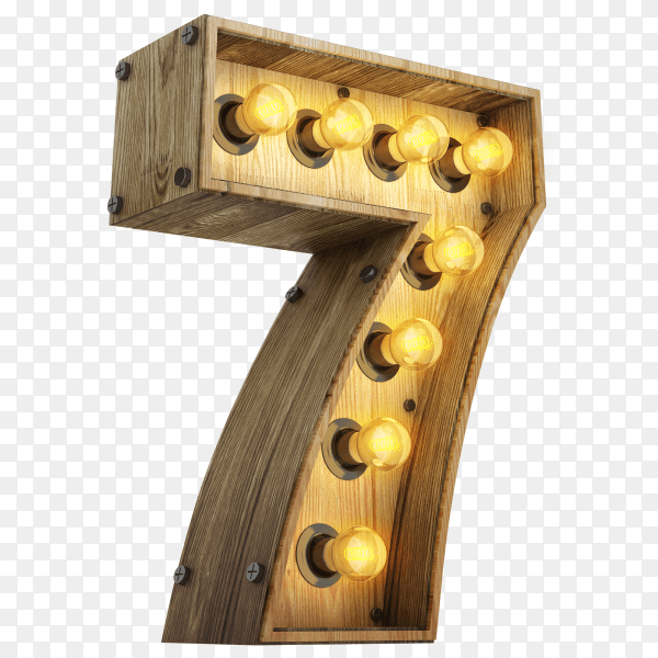 Number 7 3d render wood with realistic lights on transparent background PNG