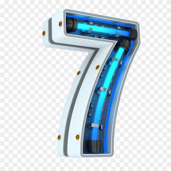 Number 7 made from neon light in blue color on transparent background PNG