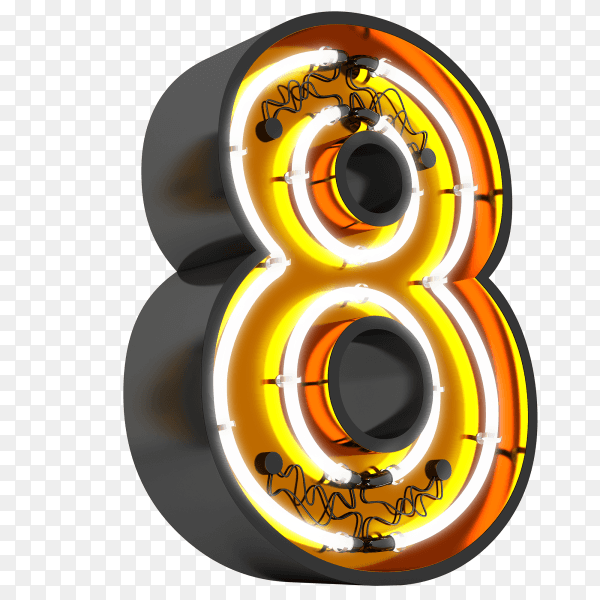 Number 8 neon light on transparent background PNG
