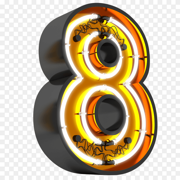 Number eight neon light on transparent background PNG