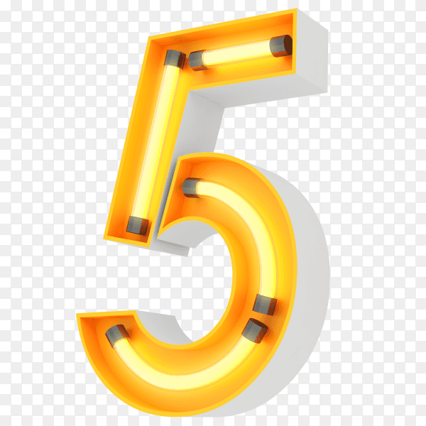 Number five made from neon light on transparent background PNG