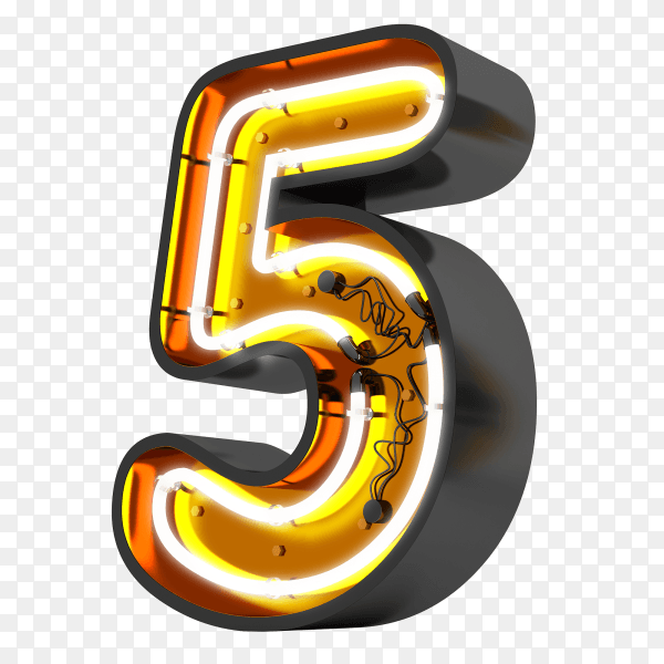 Number five neon light on transparent background PNG
