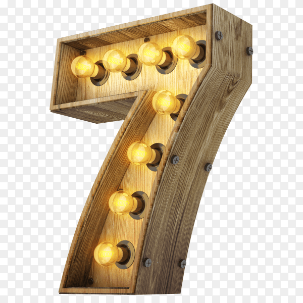 Number seven 3d render wood with realistic lights on transparent background PNG