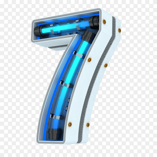 Number seven made from neon light in blue color on transparent background PNG
