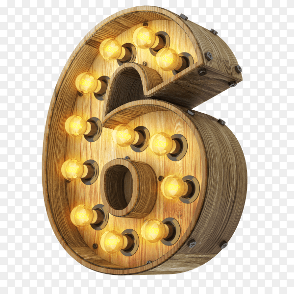 Number six 3d render wood with realistic lights on transparent background PNG