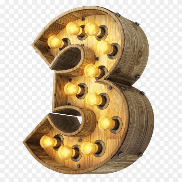 Number three 3d render wood with realistic lights on transparent background PNG