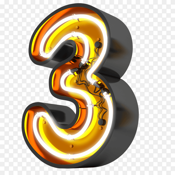 Number three neon light on transparent background PNG