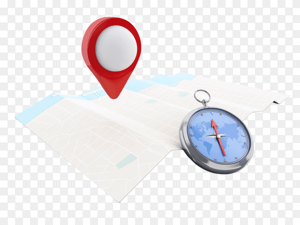 3D map with blue pointer and compass on transparent background PNG