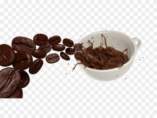 3d render coffee beans into a cup with liquid coffee splash on transparent background PNG