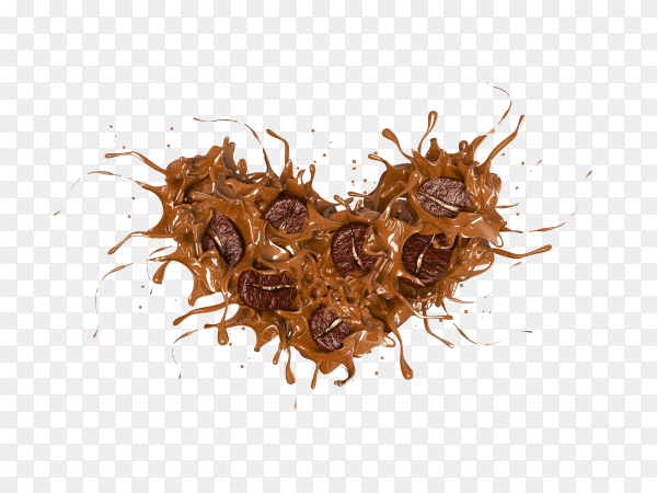 3d render coffee beans with coffee splashing for abstract heart design on transparent background PNG