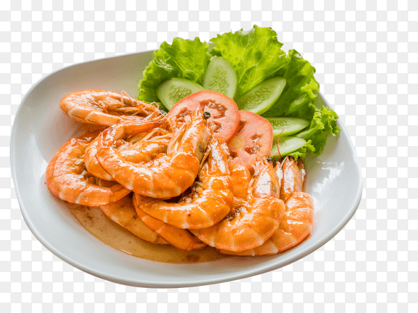 Baked salted shrimp or prawn on white plate on transparent background PNG
