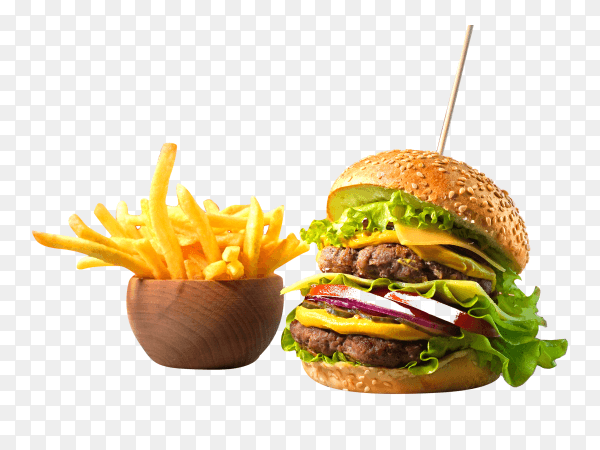 Big hamburger with double beef and french fries on transparent background PNG