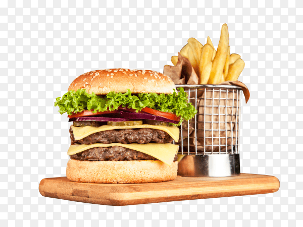 Delicious grilled burger on wooden plate on transparent background PNG