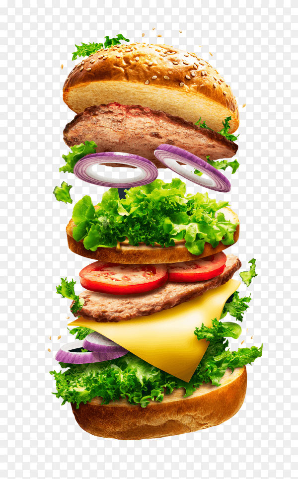 Floating burger isolated on transparent background PNG