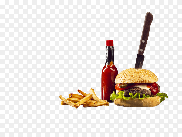 Front view burger with french fries on transparent background PNG